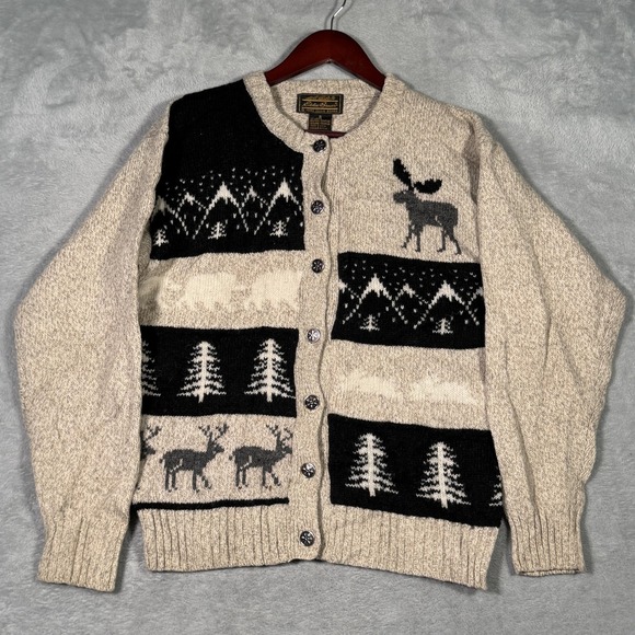 Eddie Bauer Sweaters - Vintage Eddie Bauer Sweater Womens M Beige Wool Moose Cardigan USA Nordic 80s
